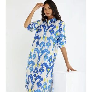 The Loom Vacation Blue Paisley Print Long Sleeve Shirt Dress medium